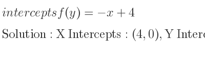 The intercepts of f(y)=-x+4 is X Intercepts: (4,0),Y Intercepts: (0,4)